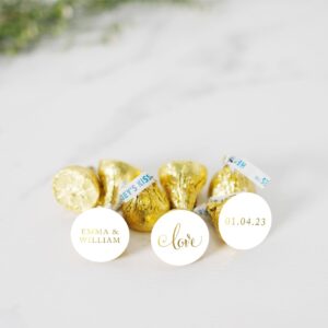 Andaz Press Personalized Wedding Chocolate Drop Label Stickers, Love, Metallic Gold Ink, 216-Pack, for Engagement Bridal Shower Kisses Party Favors