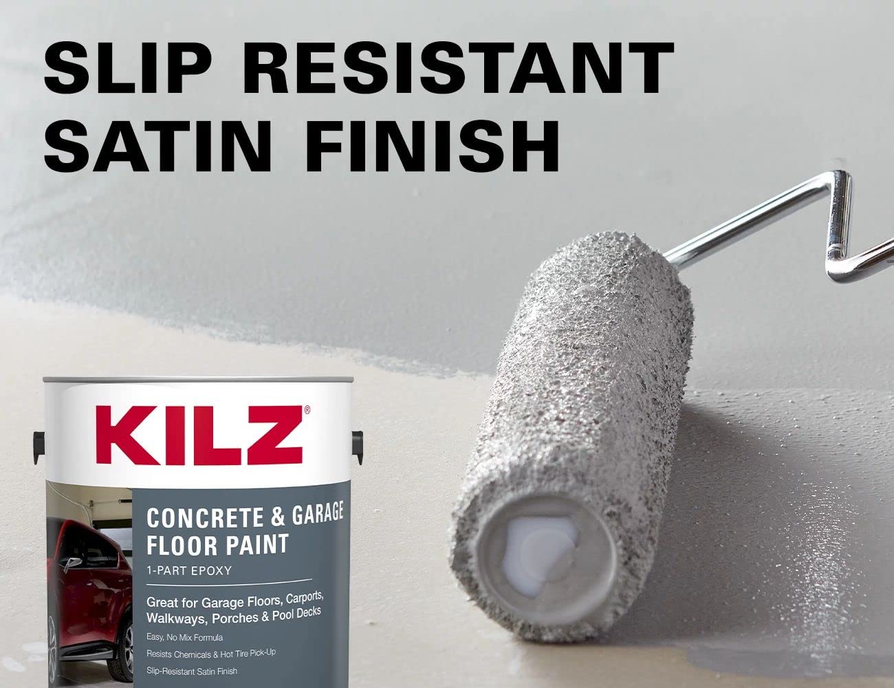 KILZ 1-Part Epoxy Acrylic Concrete and Garage Floor Paint, Interior/Exterior, Satin, Slate Gray, 1 Gallon