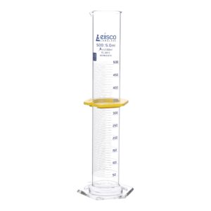 eisco graduated cylinder, 500ml - astm, class a tolerance ±2.00ml - protective collar, hexagonal base - blue graduations - borosilicate 3.3 glass