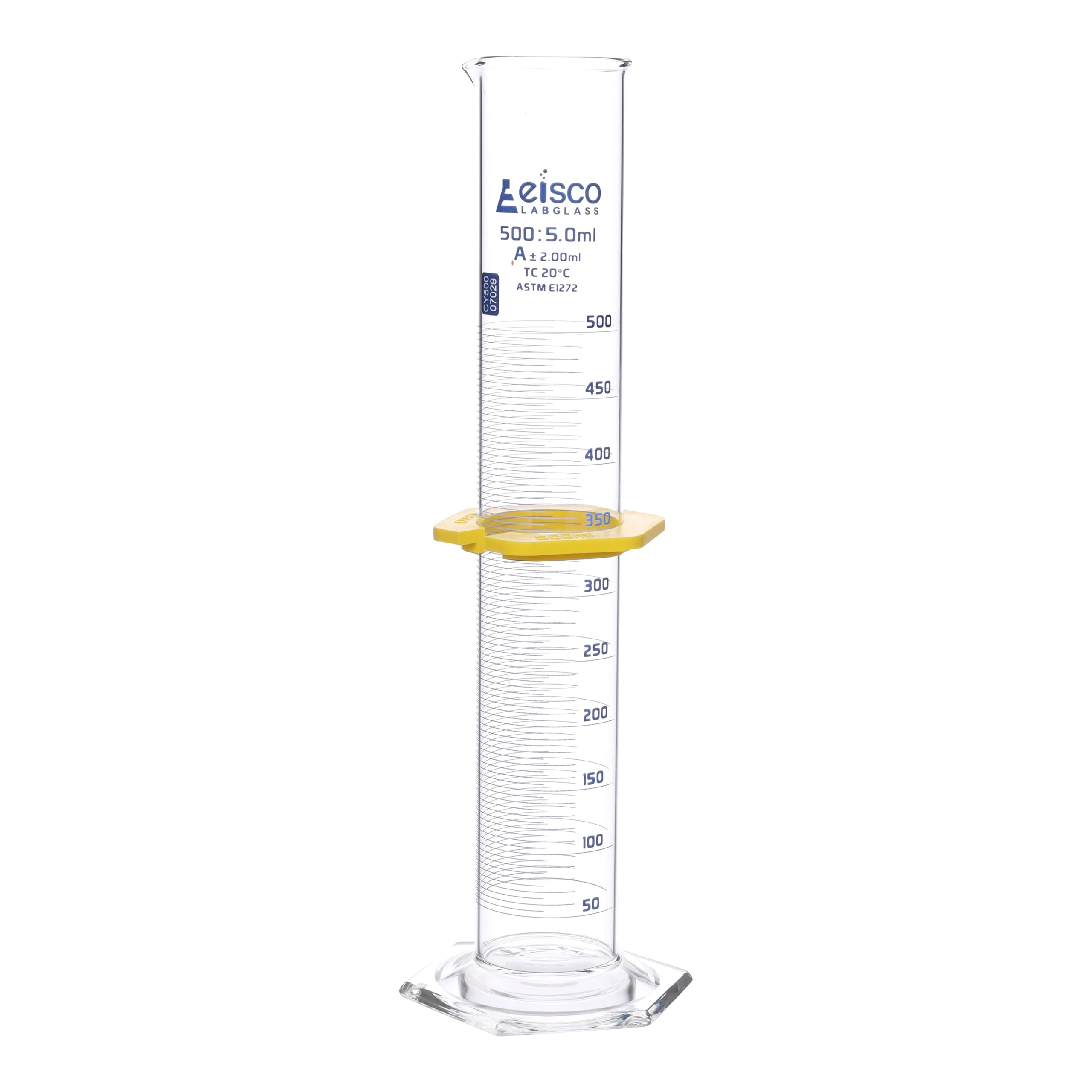 EISCO Graduated Cylinder, 500mL - ASTM, Class A Tolerance ±2.00mL - Protective Collar, Hexagonal Base - Blue Graduations - Borosilicate 3.3 Glass