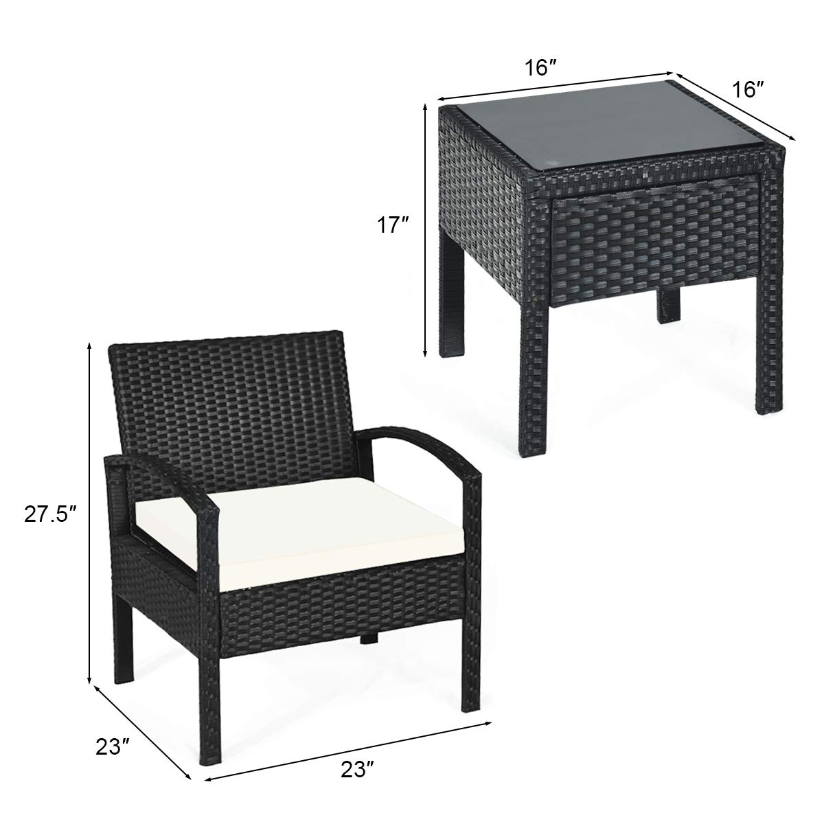 Tangkula AM0583HM 3 Piece Patio Furniture Set with 2 Cushioned Chairs & End Table, Black