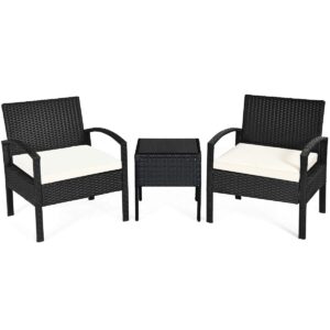 tangkula am0583hm 3 piece patio furniture set with 2 cushioned chairs & end table, black