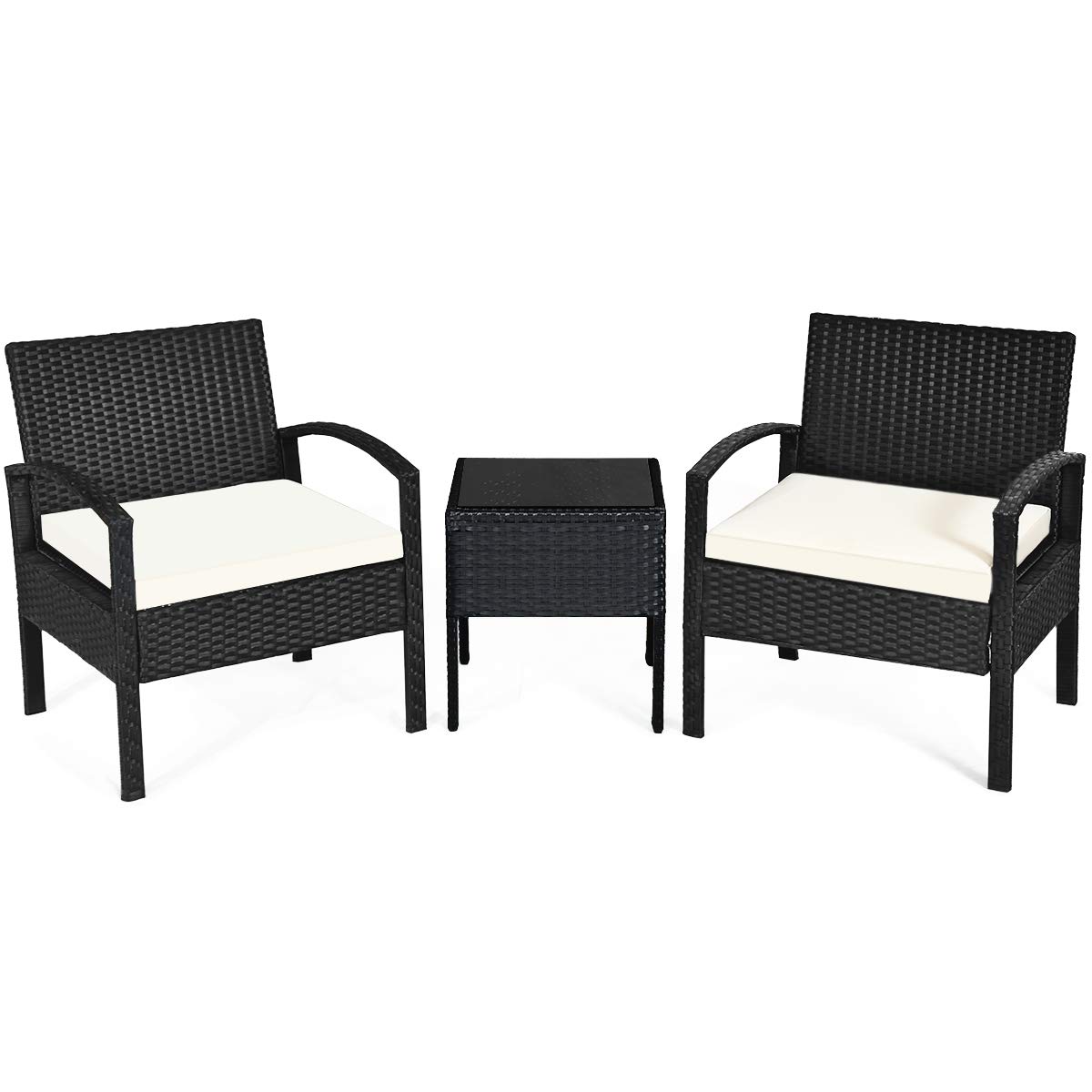 Tangkula AM0583HM 3 Piece Patio Furniture Set with 2 Cushioned Chairs & End Table, Black