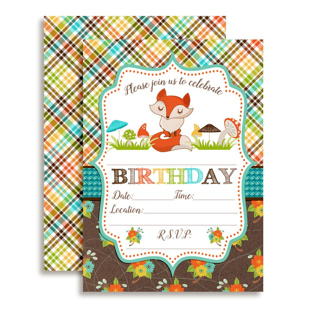 Fall Fox Birthday Party Invitations, 20 5x7 Fill In Cards with Twenty White Envelopes by AmandaCreation