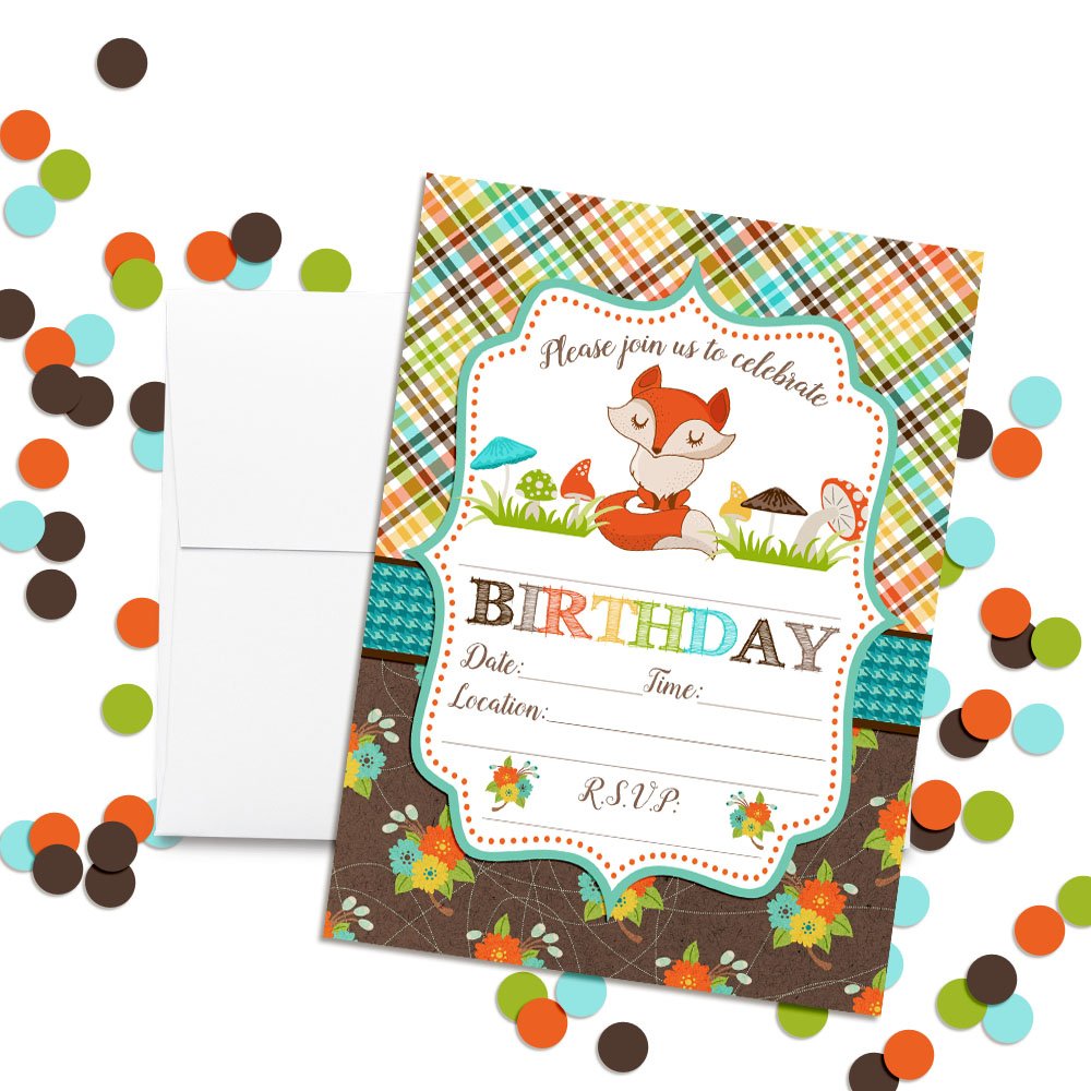 Fall Fox Birthday Party Invitations, 20 5x7 Fill In Cards with Twenty White Envelopes by AmandaCreation