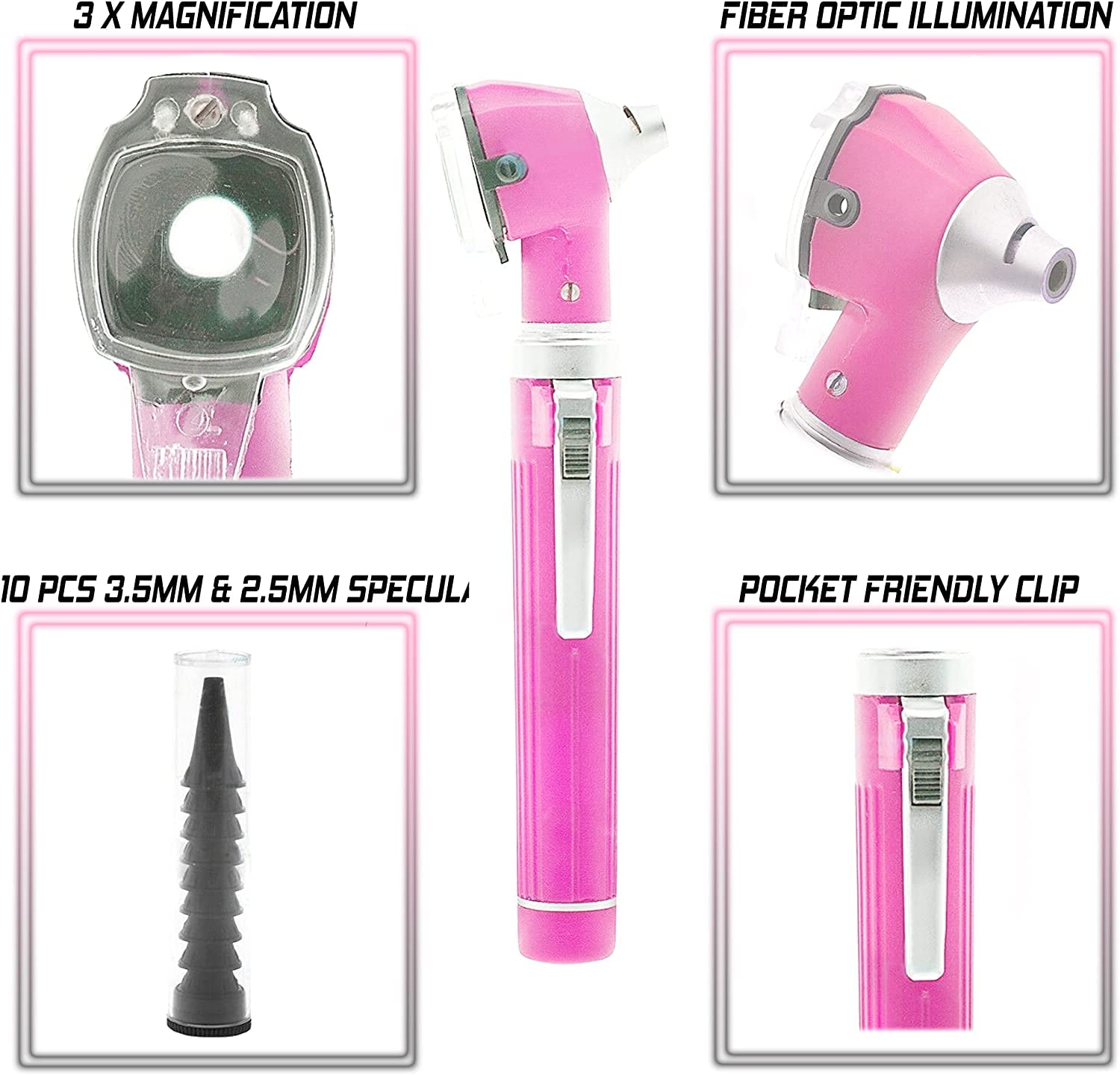 OdontoMed2011 'Mini Fiber Optic Otoscope Light Pink (Pocket Size) ENT Diagnostic Set + 1 Extra Free Bulb Quality Instruments