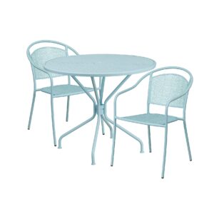 Flash Furniture Commercial Grade 35.25" Round Sky Blue Indoor-Outdoor Steel Patio Table Set with 2 Round Back Chairs