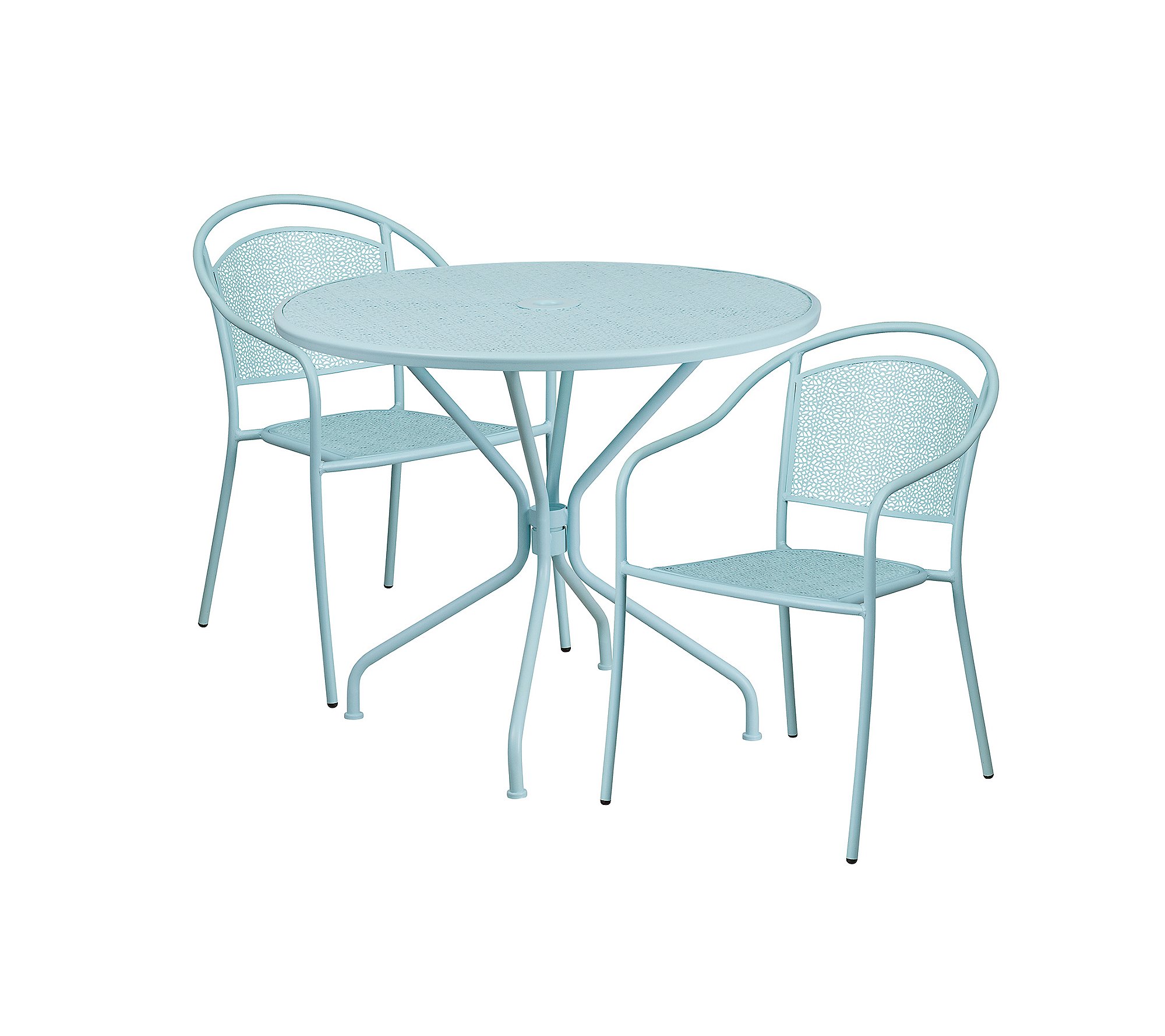 Flash Furniture Commercial Grade 35.25" Round Sky Blue Indoor-Outdoor Steel Patio Table Set with 2 Round Back Chairs