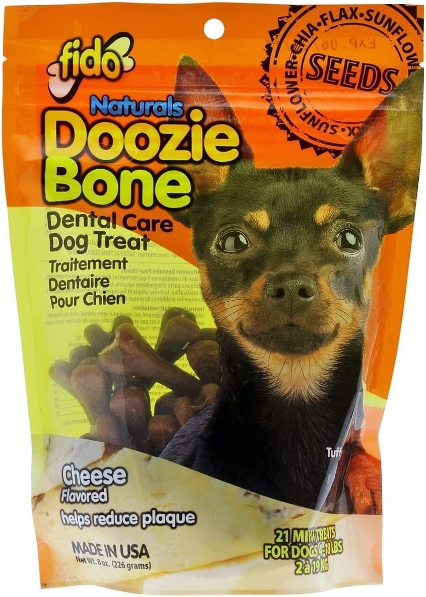 Fido Naturals Doozie Bones Dental Care Treat for Dogs, Cheese Flavored, Made with Sunflower, Chia, & Flax Seeds-Naturally Freshens Breath, Reduces Plaque & Whitens Teeth 21ct - Mini Treats (Pack of 1)