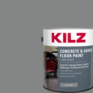 KILZ 1-Part Epoxy Acrylic Concrete and Garage Floor Paint, Interior/Exterior, Satin, Slate Gray, 1 Gallon