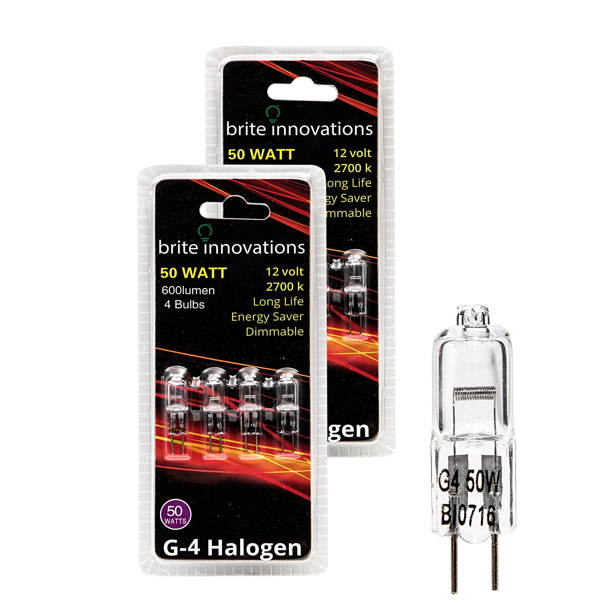 Brite Innovations G4 Halogen Bulb, 50 Watt (8 Pack) Dimmable Soft White 2700K -12V-Bi Pin -, T3 JC Type, Clear Light Bulb