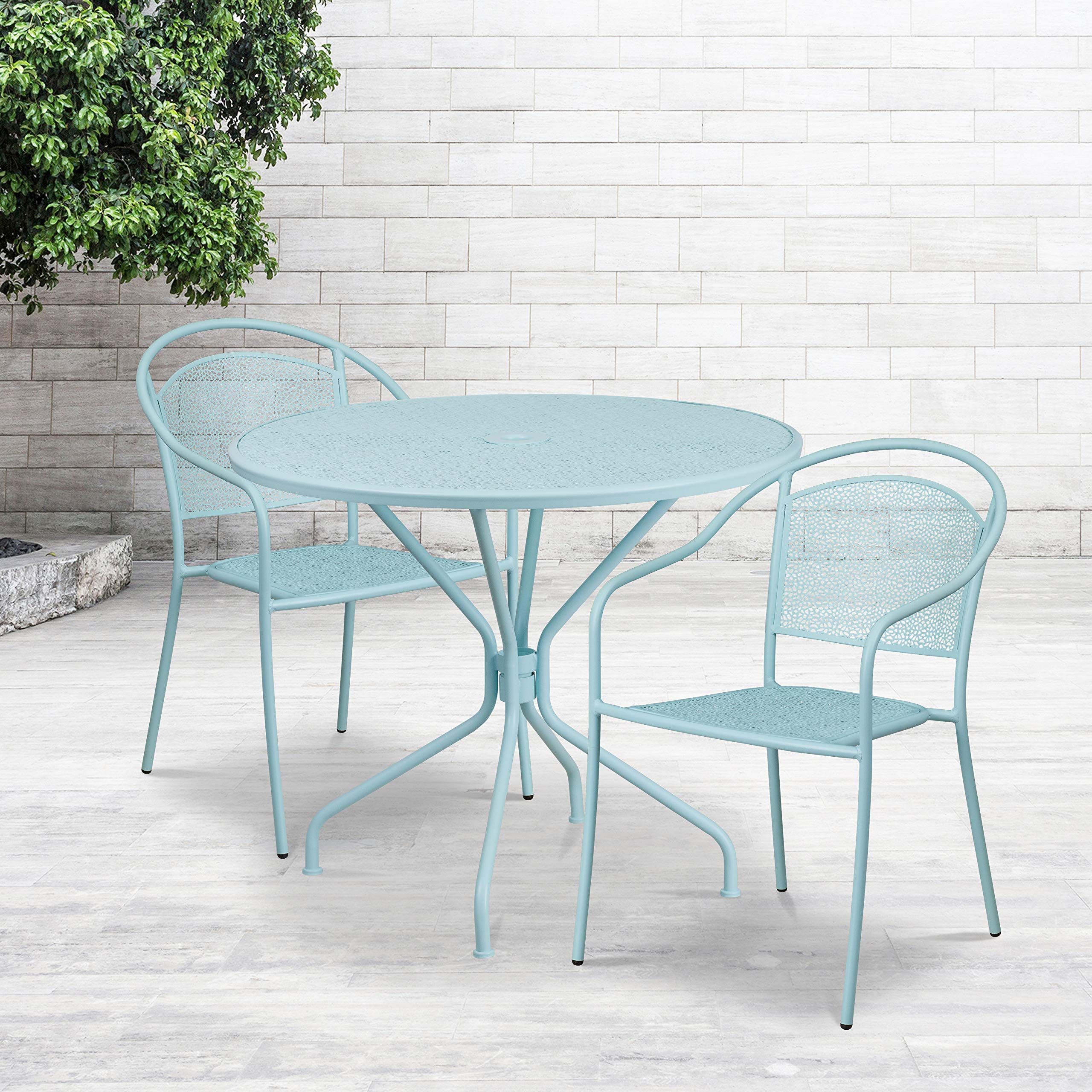 Flash Furniture Commercial Grade 35.25" Round Sky Blue Indoor-Outdoor Steel Patio Table Set with 2 Round Back Chairs