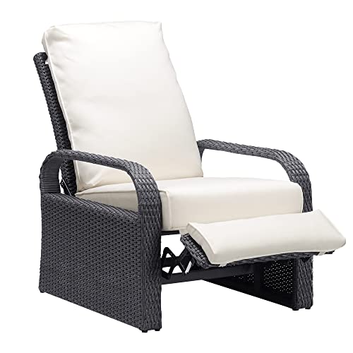 Babylon Outdoor Recliner Wicker Patio Adjustable Recliner Chair with Cushions, Rust-Resistant Aluminum Frame,All-Weather Resin Rattan, Grey&White