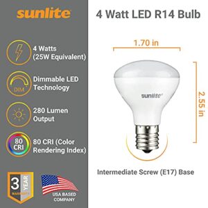 Sunlite LED R14 Mini Flood Light Bulbs, 4 Watts (25W Equivalent), 280 Lumens, Intermediate (E17) Base, Dimmable, ETL Listed, 2700K Soft White, for Curio Cabinet Light, 3 Count