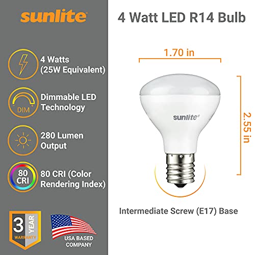 Sunlite LED R14 Mini Flood Light Bulbs, 4 Watts (25W Equivalent), 280 Lumens, Intermediate (E17) Base, Dimmable, ETL Listed, 2700K Soft White, for Curio Cabinet Light, 3 Count