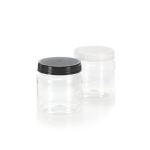 Juce Jugz 43 oz. Large Round Clear Plastic Jars with Black Ribbed Lids (6/Pack)