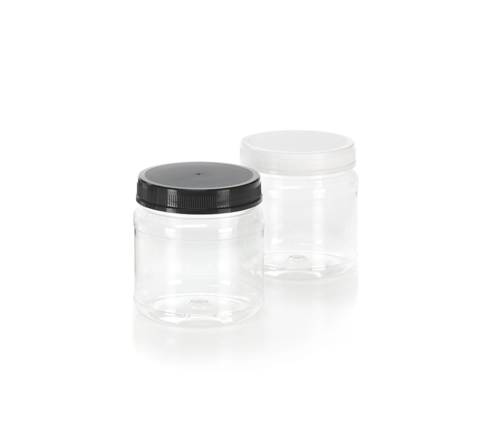 Juce Jugz 43 oz. Large Round Clear Plastic Jars with Black Ribbed Lids (6/Pack)