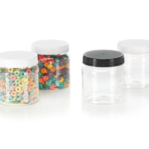 Juce Jugz 43 oz. Large Round Clear Plastic Jars with Black Ribbed Lids (6/Pack)