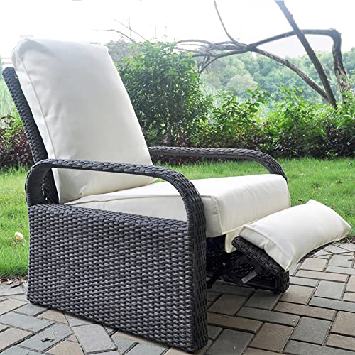 Babylon Outdoor Recliner Wicker Patio Adjustable Recliner Chair with Cushions, Rust-Resistant Aluminum Frame,All-Weather Resin Rattan, Grey&White