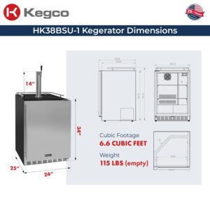 Kegco Kegerator 24" Wide Single Tap Black/Stainless Steel Undercounter Beer Dispenser HK38BSU-1