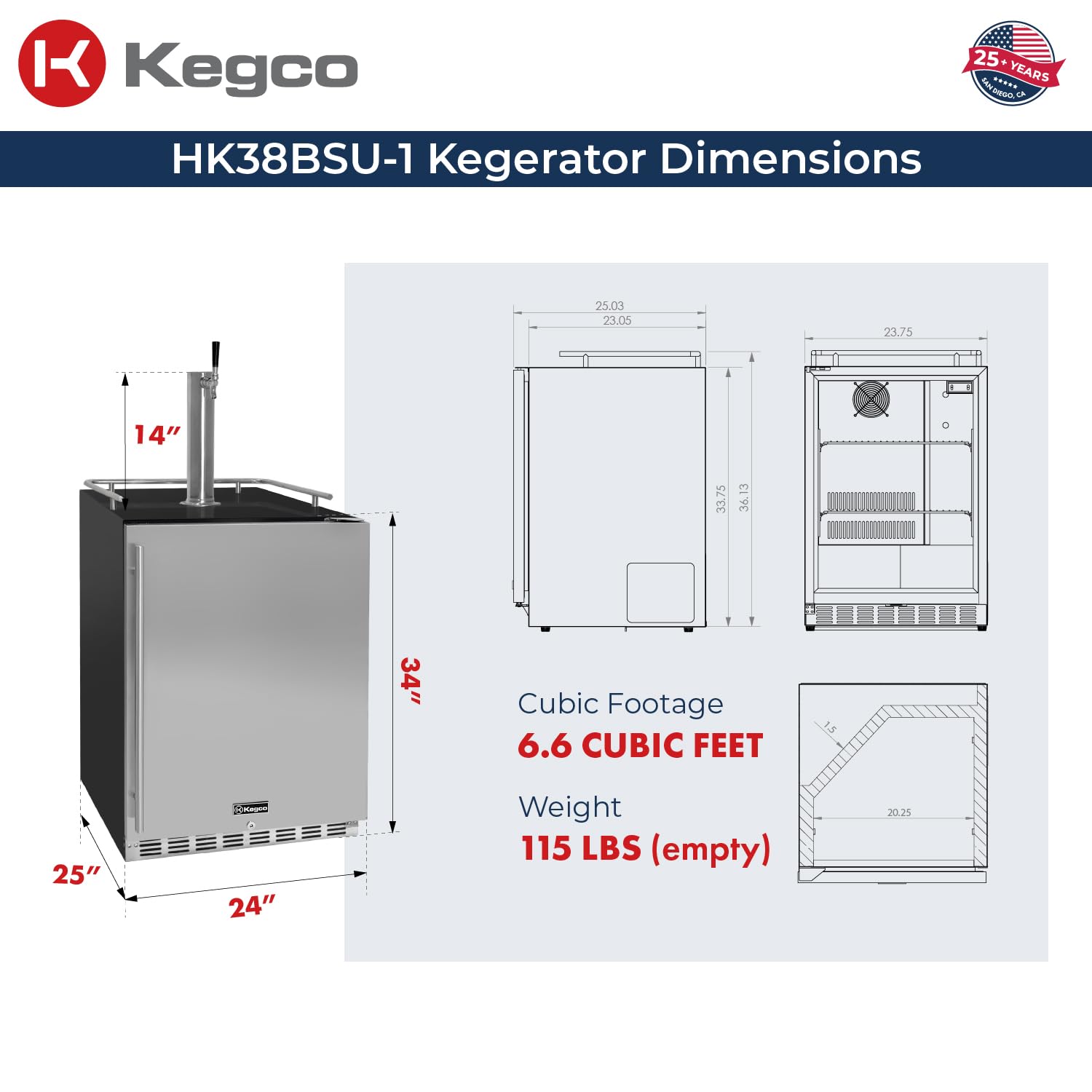 Kegco Kegerator 24" Wide Single Tap Black/Stainless Steel Undercounter Beer Dispenser HK38BSU-1