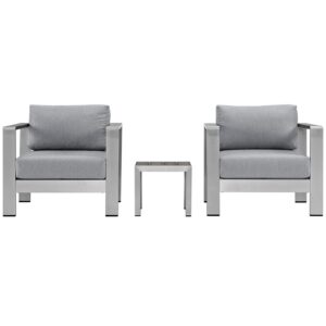 modway shore 3-piece aluminum outdoor patio furniture set in silver gray