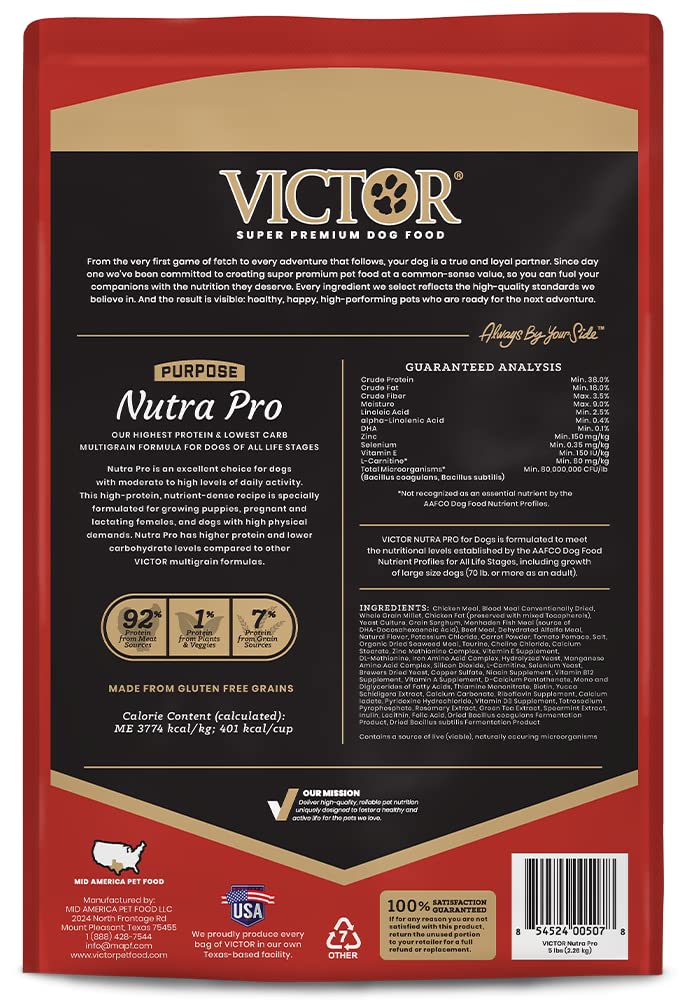 Victor Super Premium Dog Food – Purpose - Nutra Pro – Gluten Free, High Protein Low Carb Dry Dog Food for Active Dogs of All Ages – Ideal for Sporting Dogs, Pregnant or Nursing Dogs & Puppies, 5lbs