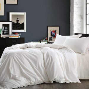 ntbay linen 3 pieces duvet cover set solid color with exquisite ruffles design, breathable, queen size, ivory