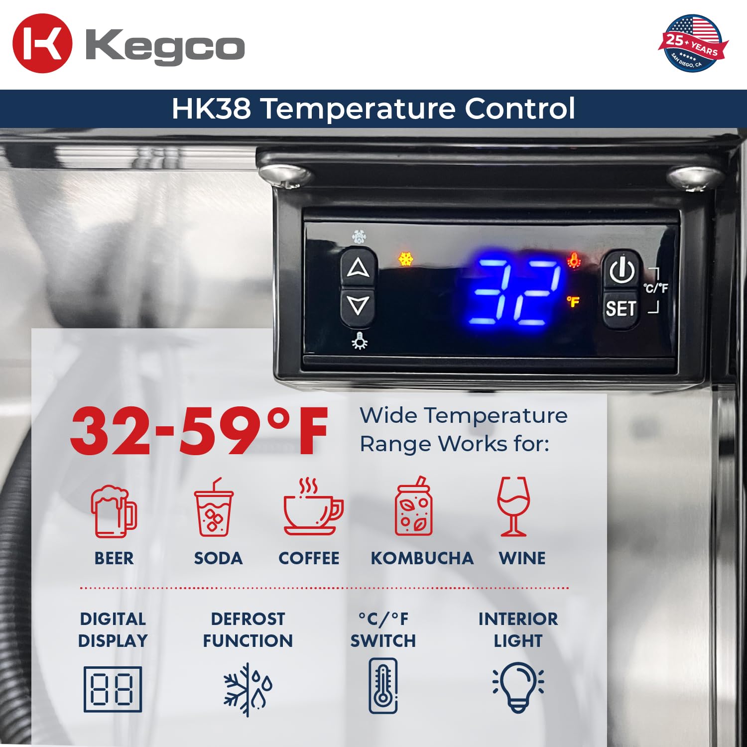 Kegco Kegerator 24" Wide Single Tap Black/Stainless Steel Undercounter Beer Dispenser HK38BSU-1