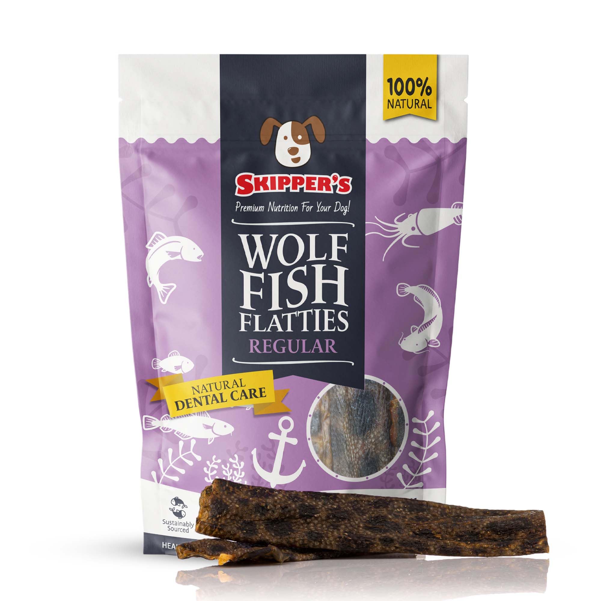 SKIPPER'S Wolf Fish Skin Flatties Dog Treats - 100% Fish Skin & Air Dried Long Lasting Chews, Grain Free Treats with Essential Omega 3 Oils | Great for Teeth (Regular, 9 Oz)