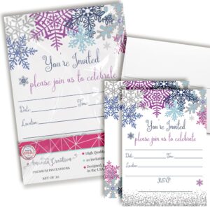 winter snowflake birthday party invitations, set of 20 5x7 fill in cards with twenty white envelopes by amandacreation