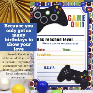 Game On! Video Gamer Birthday Party Fill In Invitations, 20 5x7 Fill In Cards with Twenty White Envelopes by AmandaCreation