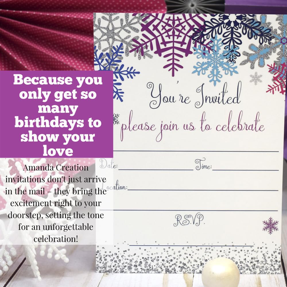 Winter Snowflake Birthday Party Invitations, set of 20 5x7 Fill In Cards with Twenty White Envelopes by AmandaCreation