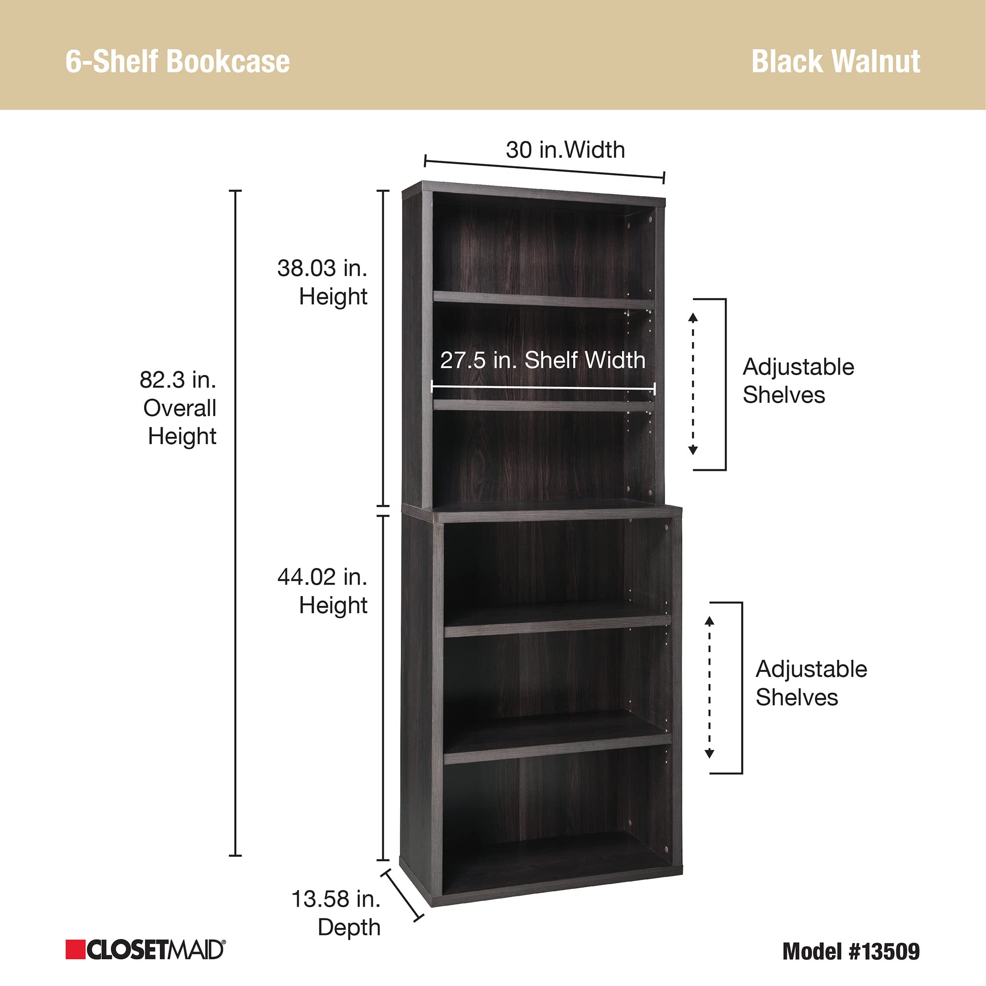 ClosetMaid Bookshelf with 6 Shelf Tiers, Adjustable Shelves, Tall Bookcase Hutch, Sturdy Wood with Closed Back Panel, Black Walnut Finish