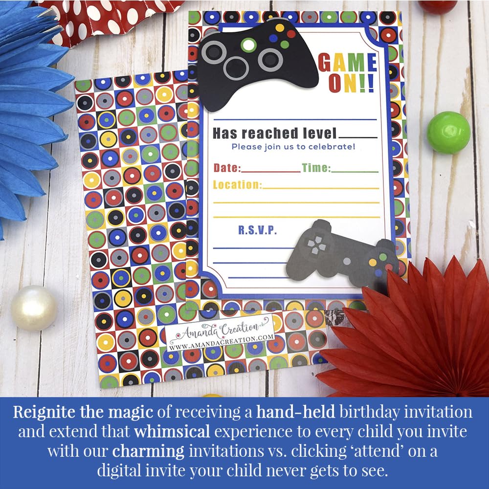 Game On! Video Gamer Birthday Party Fill In Invitations, 20 5x7 Fill In Cards with Twenty White Envelopes by AmandaCreation