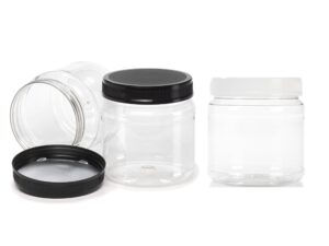 juce jugz 43 oz. large round clear plastic jars with black ribbed lids (6/pack)