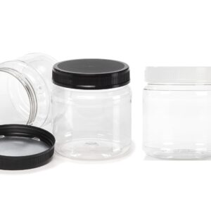 Juce Jugz 43 oz. Large Round Clear Plastic Jars with Black Ribbed Lids (6/Pack)