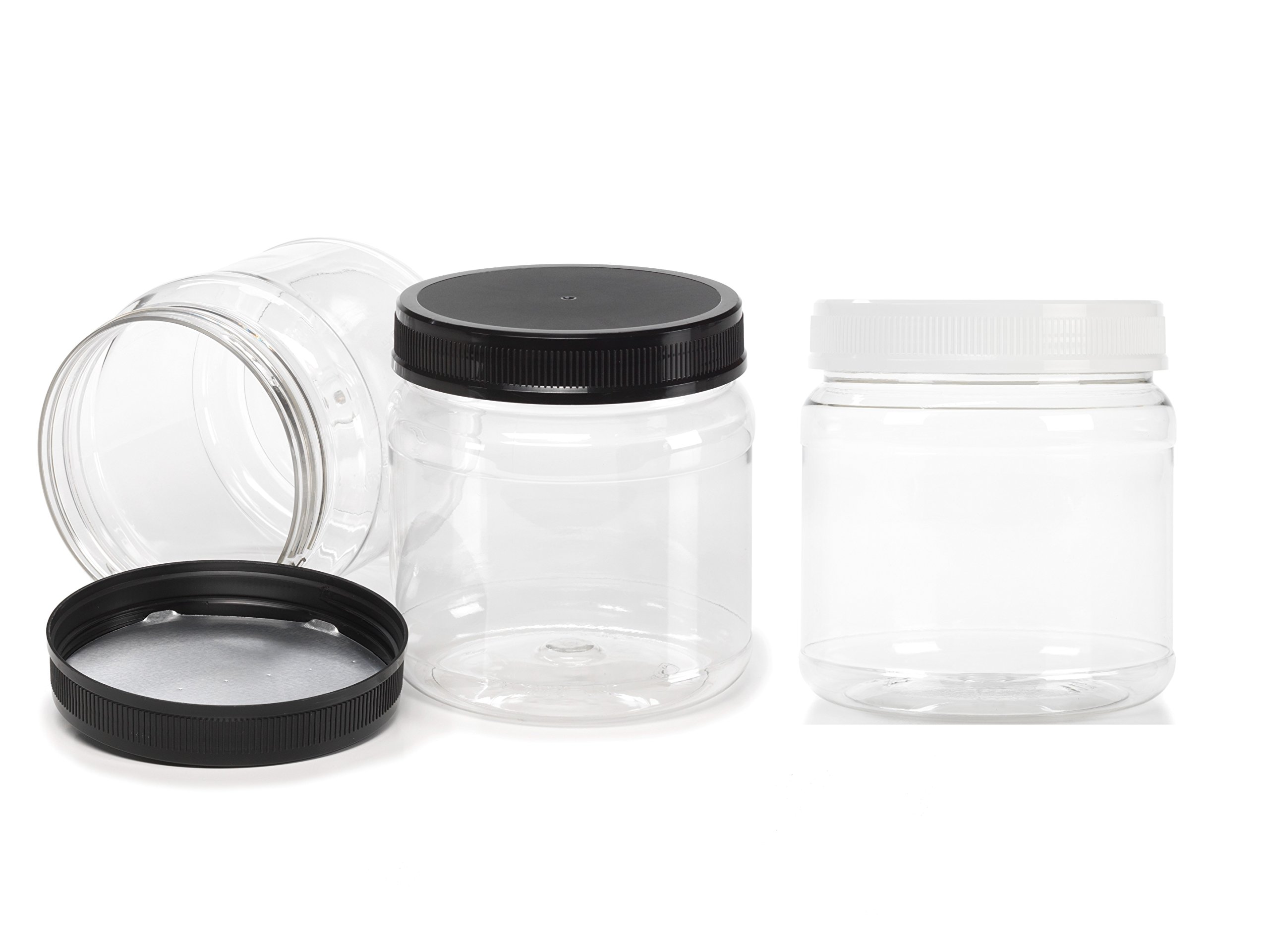 Juce Jugz 43 oz. Large Round Clear Plastic Jars with Black Ribbed Lids (6/Pack)