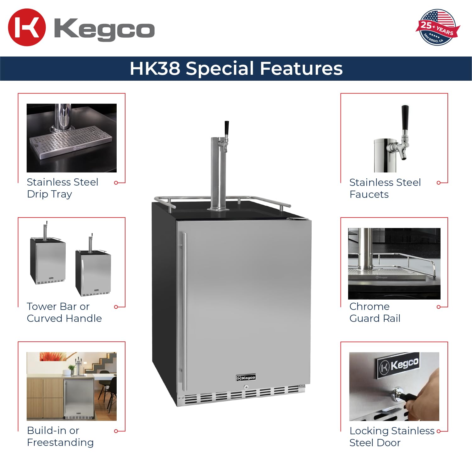 Kegco Kegerator 24" Wide Single Tap Black/Stainless Steel Undercounter Beer Dispenser HK38BSU-1