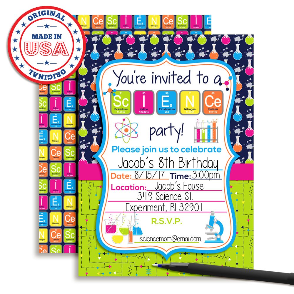 Amanda Creation Science Themed Birthday Party Fill in Invitations set of 20 with envelopes