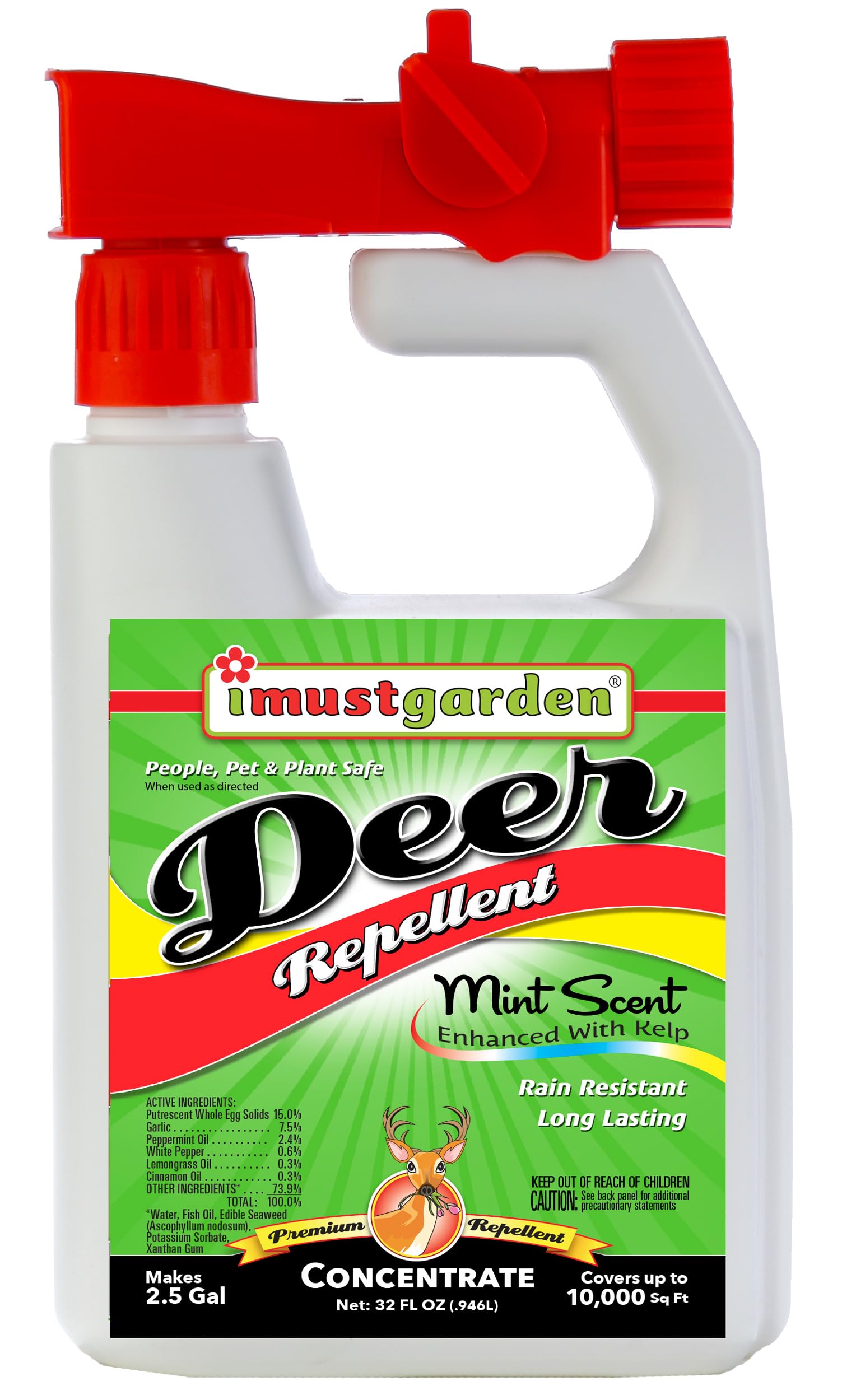 I Must Garden Deer Repellent Hose END Concentrate: Mint Scent Deer Spray for Gardens, Plants, and Trees – 32oz Easy Hose End Sprayer – Covers 10,000 sq. ft.