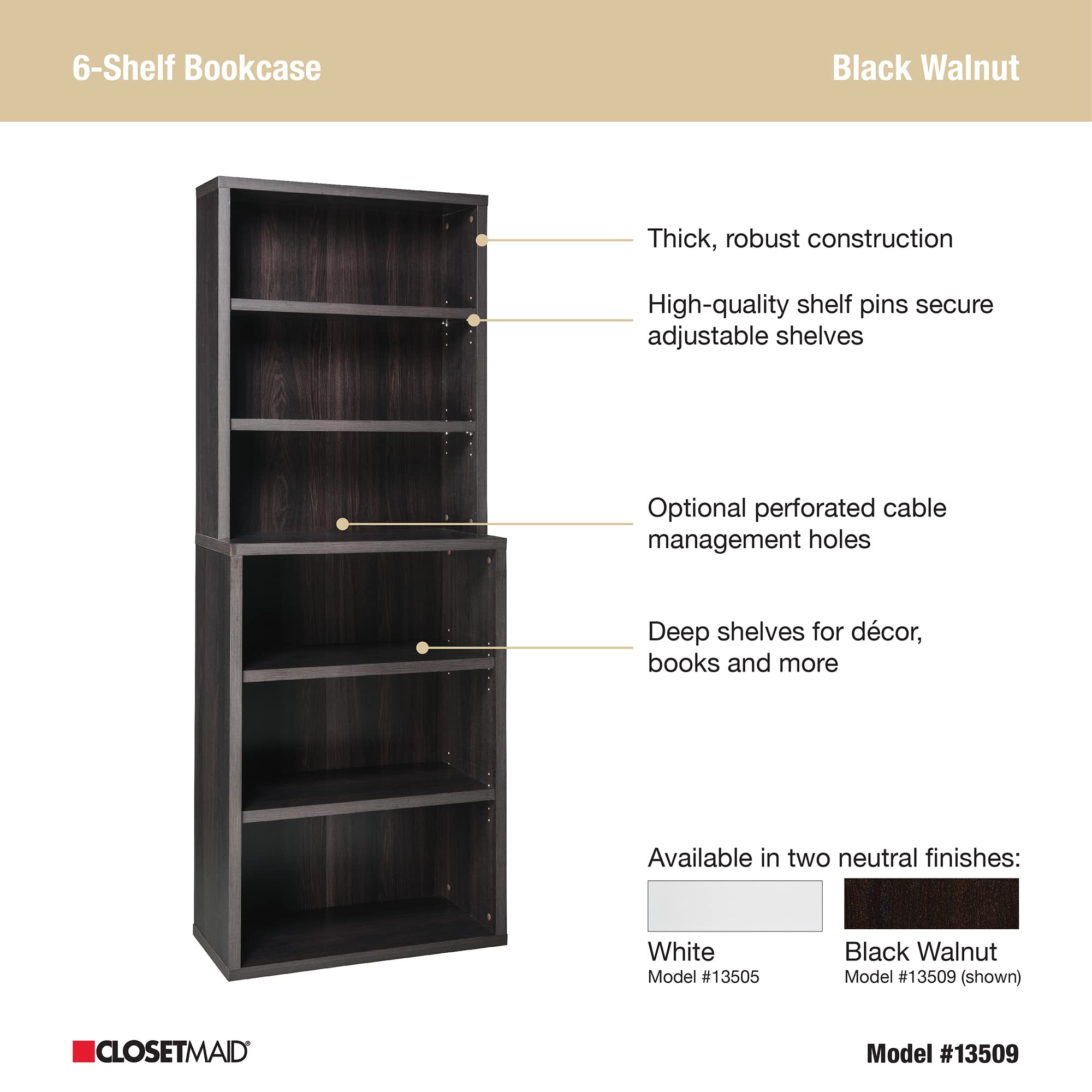 ClosetMaid Bookshelf with 6 Shelf Tiers, Adjustable Shelves, Tall Bookcase Hutch, Sturdy Wood with Closed Back Panel, Black Walnut Finish