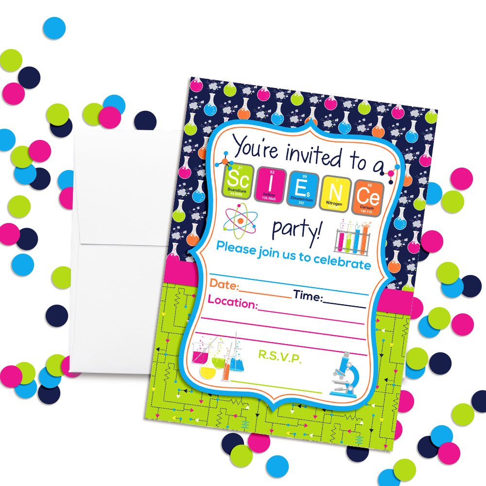 Amanda Creation Science Themed Birthday Party Fill in Invitations set of 20 with envelopes