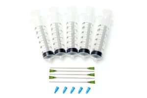 dispense all - 560 (5 pack) 60ml luer lock syringe with 14 gauge 4 inch long blunt tipped needle and syringe cap | extra large capacity industrial syringe for science, laboratory, crafting, art, diy