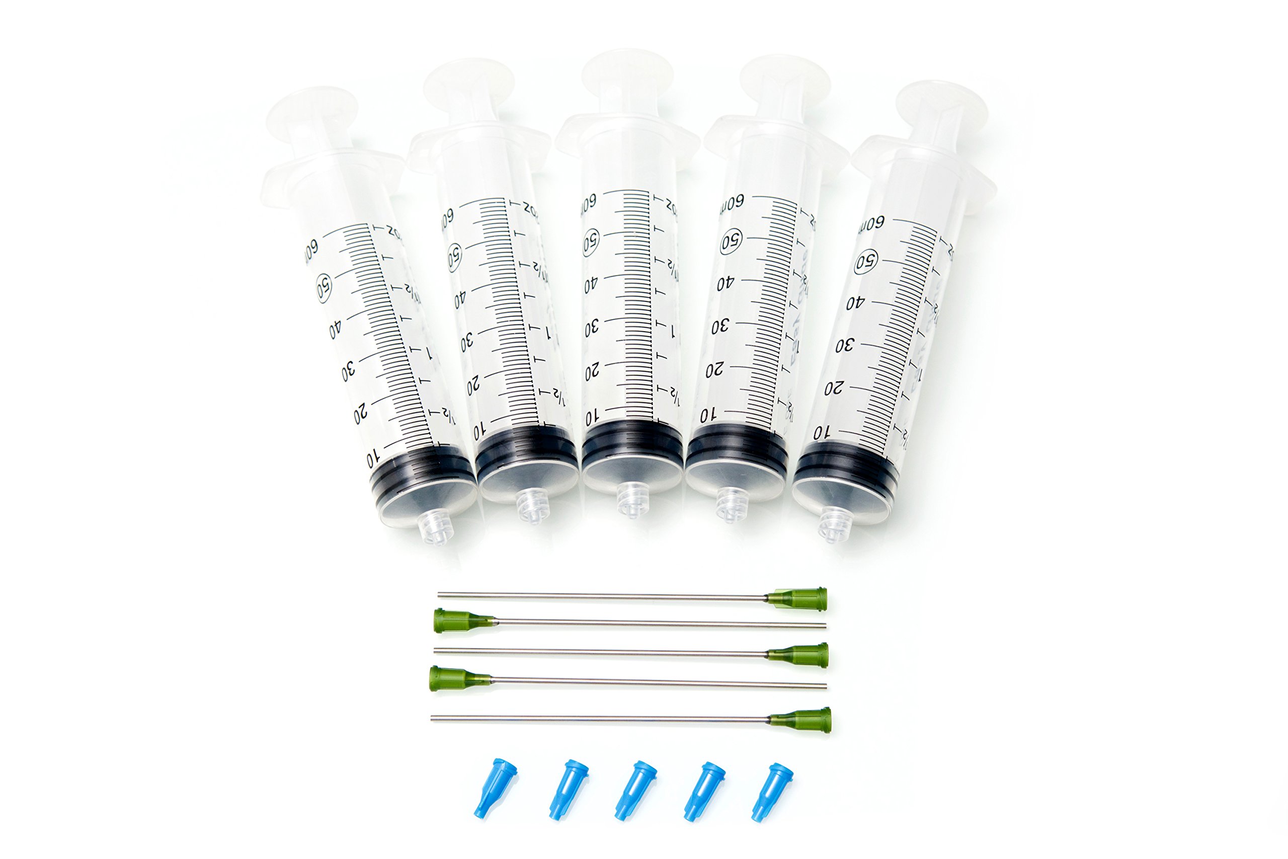 Dispense All - 560 (5 Pack) 60ml Luer Lock Syringe with 14 Gauge 4 Inch Long Blunt Tipped Needle and Syringe Cap | Extra Large Capacity Industrial Syringe for Science, Laboratory, Crafting, Art, DIY