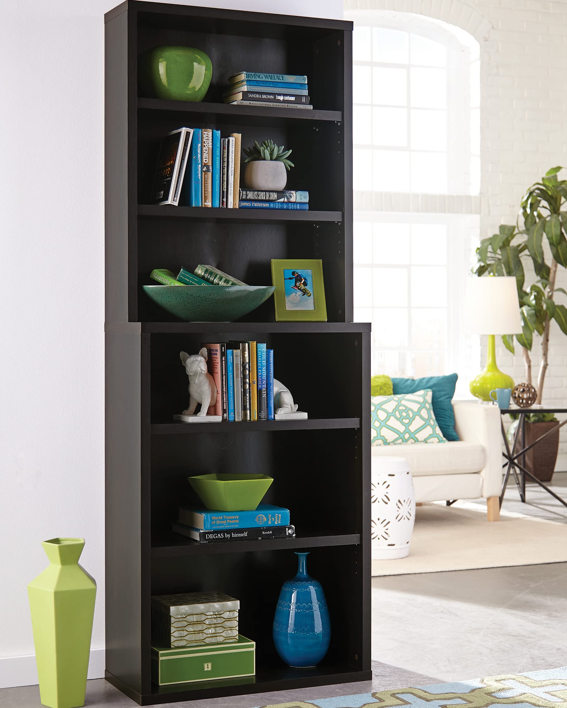 ClosetMaid Bookshelf with 6 Shelf Tiers, Adjustable Shelves, Tall Bookcase Hutch, Sturdy Wood with Closed Back Panel, Black Walnut Finish