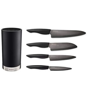 kyocera universal knife block set includes: black soft touch round block and 4 innovation series ceramic knives, z212 black blades