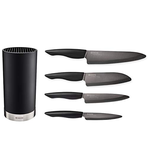 Kyocera Universal Knife Block Set Includes: Black Soft Touch Round Block and 4 Innovation Series Ceramic Knives, Z212 Black Blades