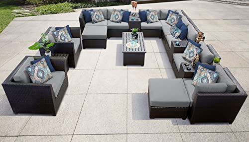 TK Classics Barbados 17 Piece Wicker Outdoor Sectional Seating Group with Storage Coffee Table and Club Chairs, Grey