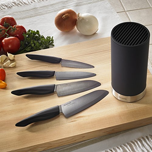 Kyocera Universal Knife Block Set Includes: Black Soft Touch Round Block and 4 Innovation Series Ceramic Knives, Z212 Black Blades